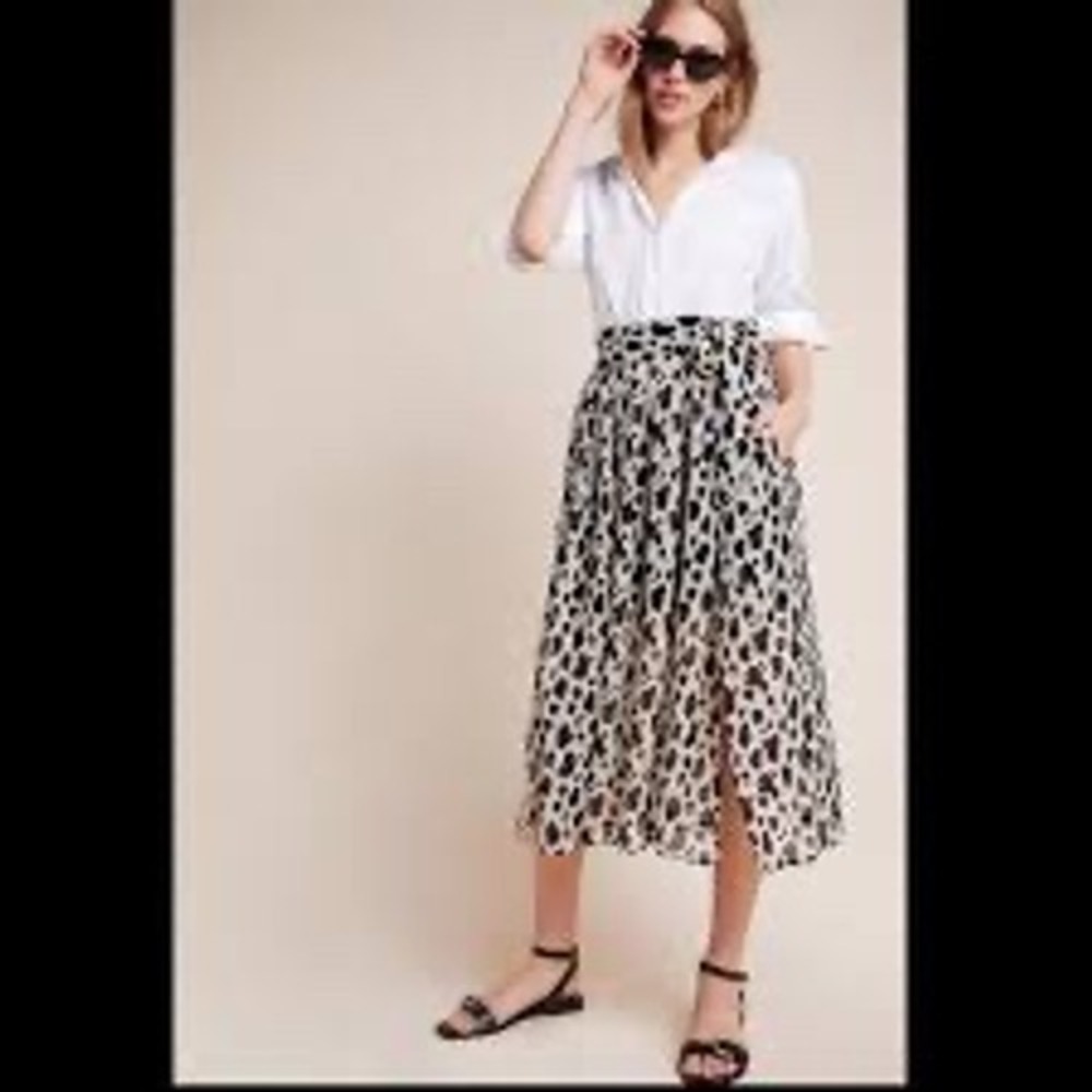 Maeve Anthropologie White Leopard Midi Skirt Womens Size 14 Old Money Coquette